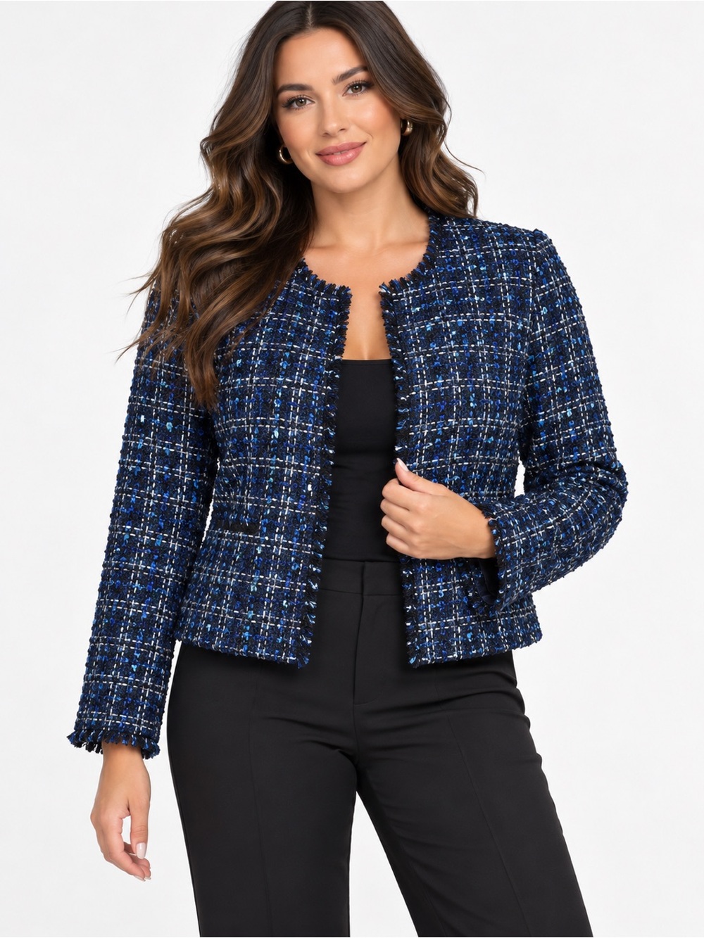 Calvin Klein Women Blue Tweed Boucle Open Front Jacket Blazer NWT 10P